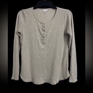 J. Jill Pima‎ Cotton Y2K Henley Cream Ribbed Long Sleeve Snap Front XS